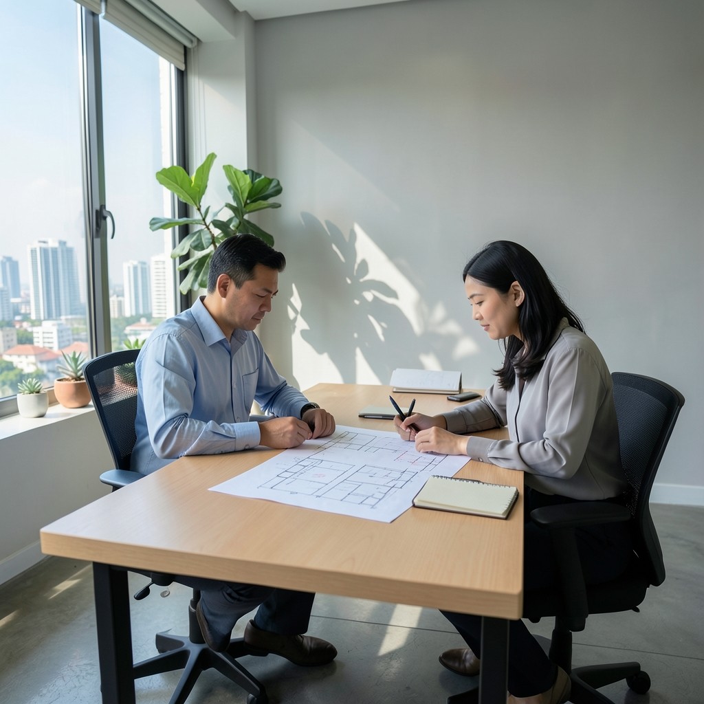 Two analysts reviewing conference floor plans at a Bangkok office desk