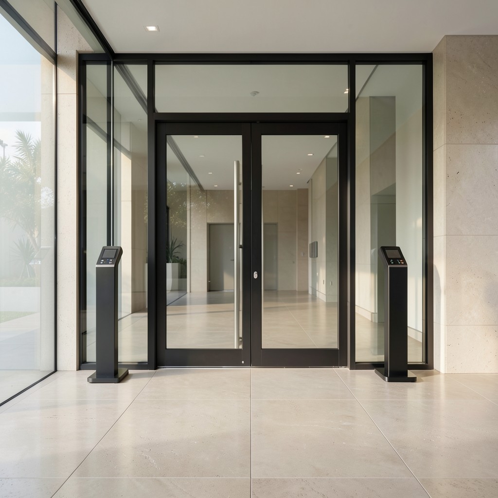 Conference entrance with badge readers near glass doors