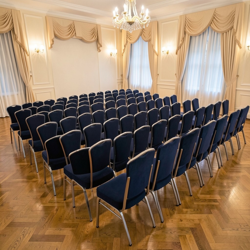 Banquet chairs arranged in a conference ballroom before doors open