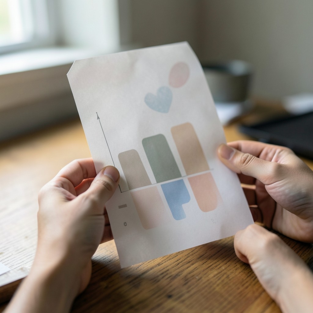 Hands reviewing a one-page printed chart summary on a wooden desk