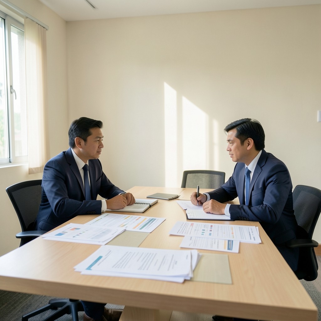 Conference organizers reviewing attendance printouts in a quiet meeting room
