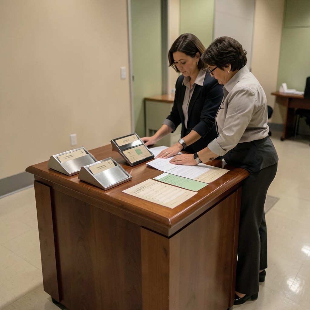 Organizers reviewing printed attendance charts beside a conference registration desk