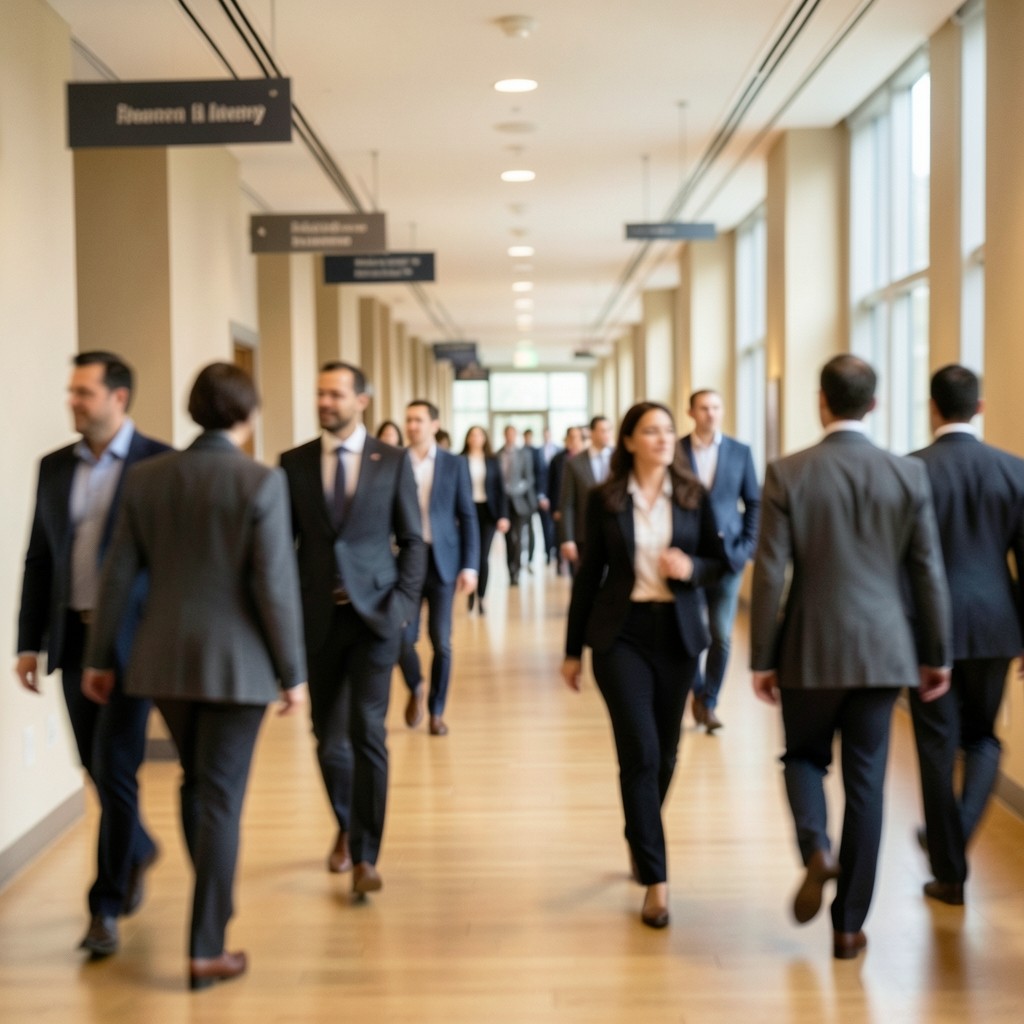 Conference hallway with directional signage and attendees moving between sessions