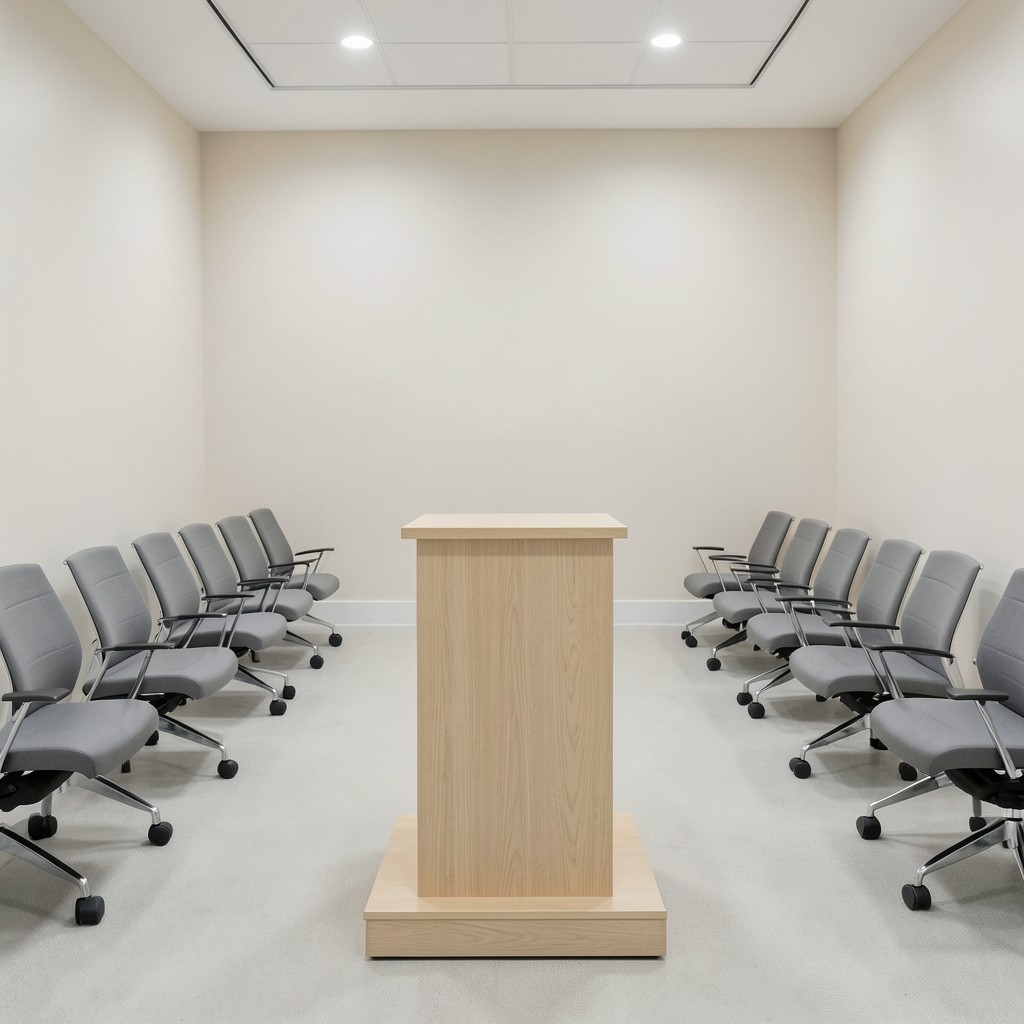 Empty conference breakout room with seating rows prepared for a session
